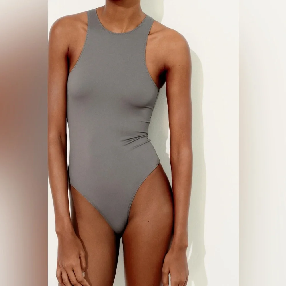 NWT Zara Polyamide Halter Bodysuit in Dark Grey Size L - Picture 6 of 15